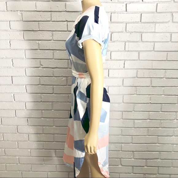 🦄Poptem V-Neck Geometric Pattern BeltedMidi Dress - Picture 4 of 8